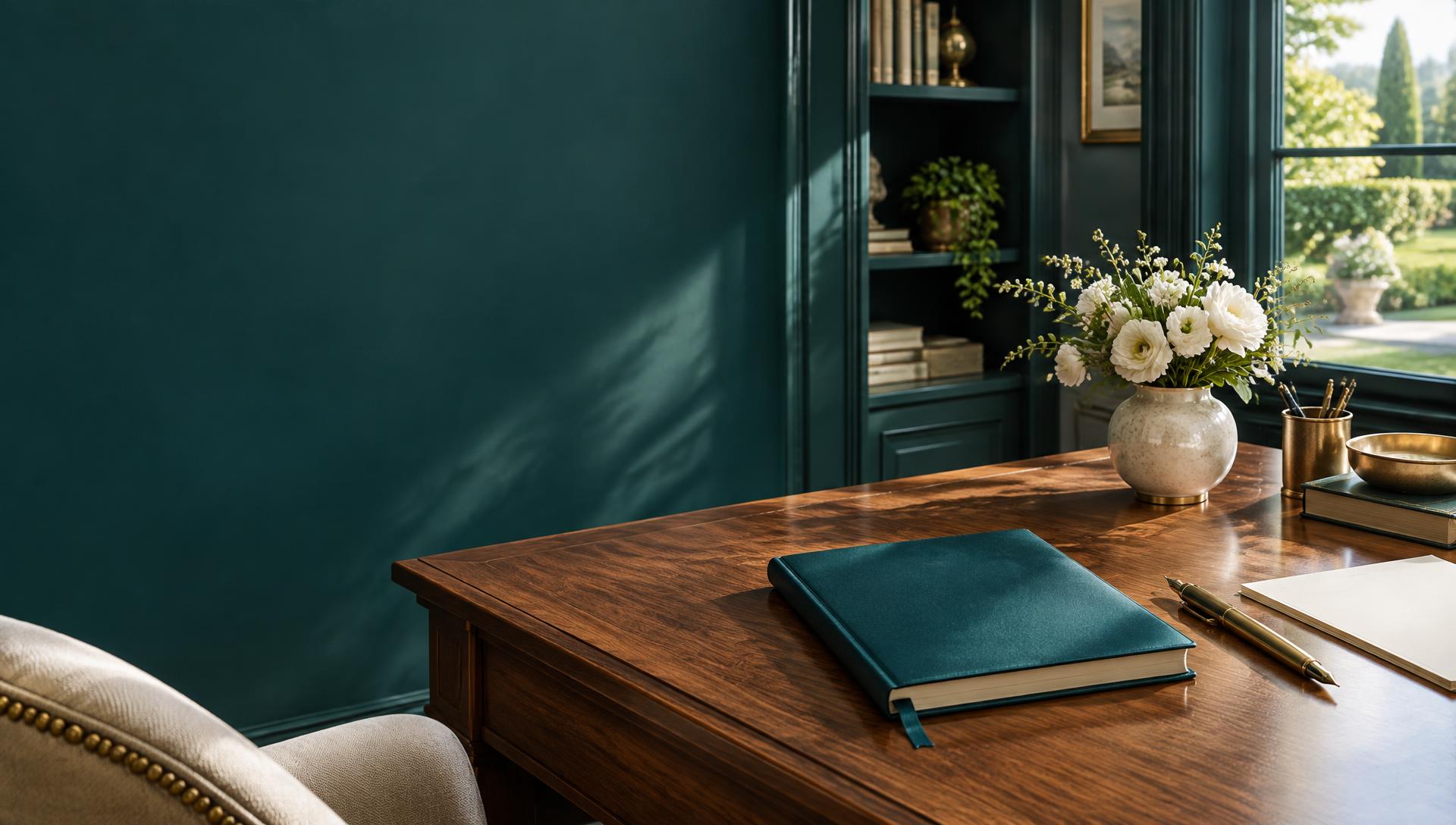 A teal notebook and gold pen in a light-filled study